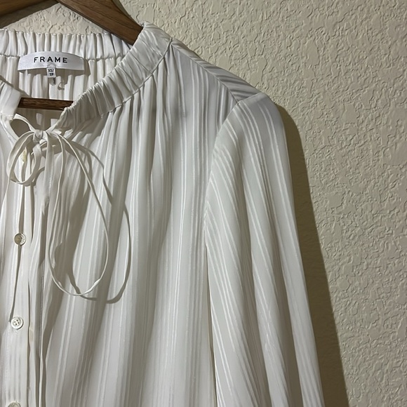 FRAME | Shirred Neck Tie Off White Silk Blouse XS - Picture 3 of 7